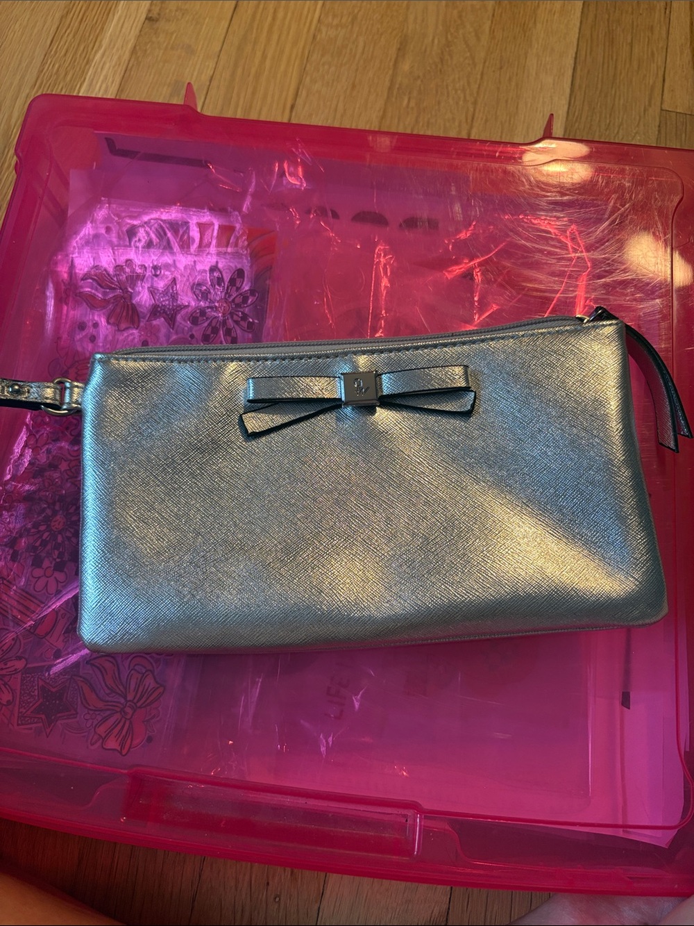 Nine West Metallic Silver Bow Wristlet